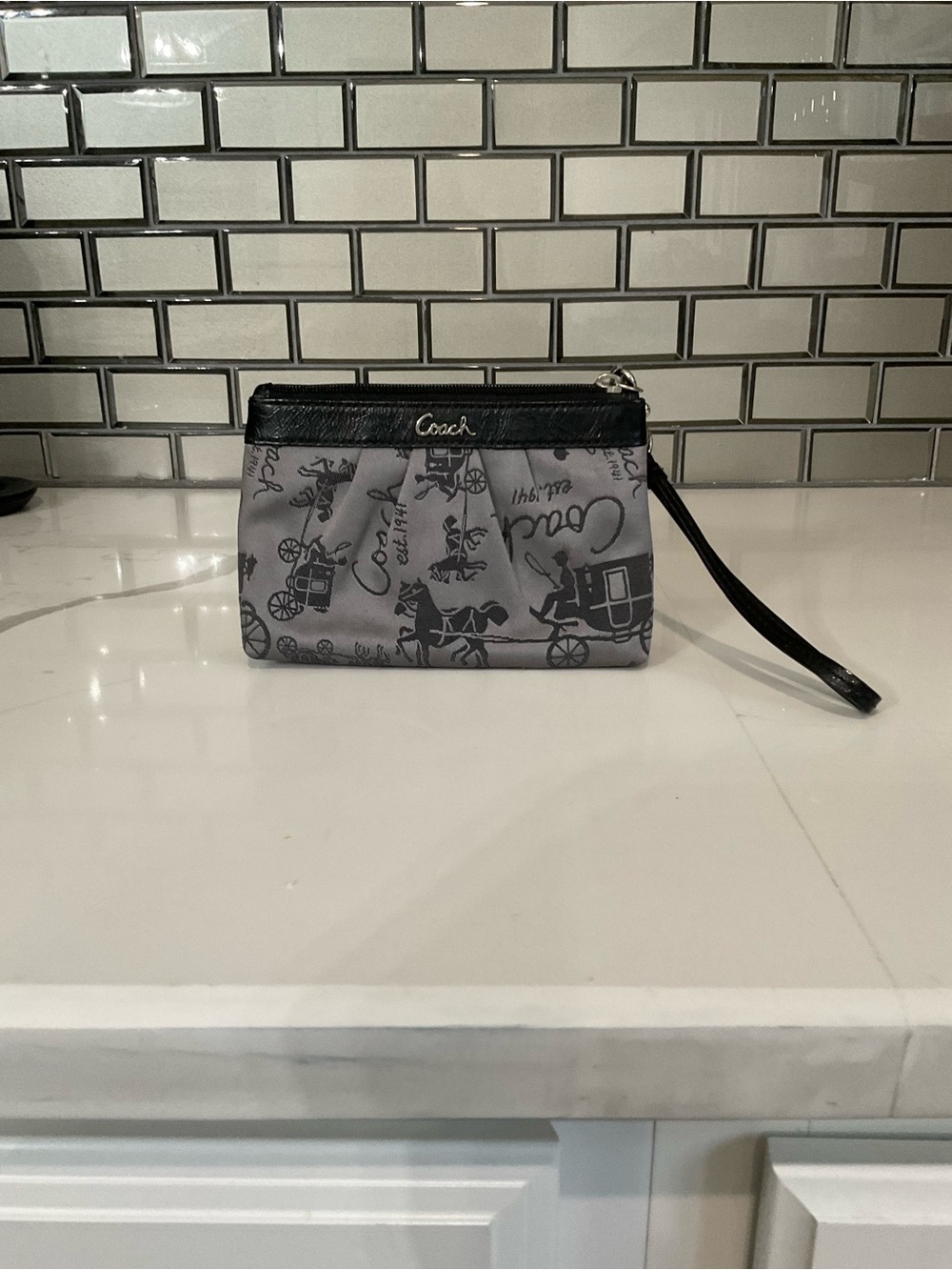Coach Gray Signature Horse & Carriage Wristlet with Black Trim